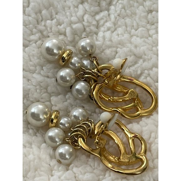 Vintage Gold Tone White Dangle Bead Clip-On Earrings - 2 Pairs - Picture 7 of 13